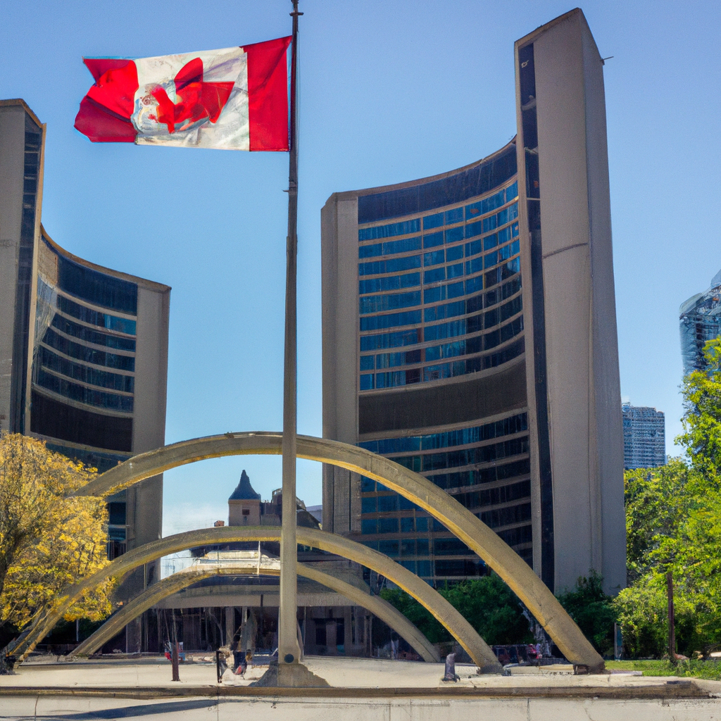 Toronto City Hall and Nathan Phillips Square on a sunny day with people walking and a Canadian flag